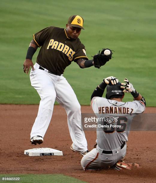 Erick Aybar of the San Diego Padres loses the ball as Gorkys Hernandez of the San Francisco Giants steals second base during the second inning of a...