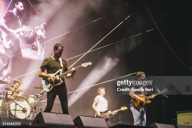 Jimmy Smith, Yannis Philippakis, Walter Gervers and Jack Bevan of Foals perform live on Day 2 of FIB Festival on July 14, 2017 in Benicassim, Spain.