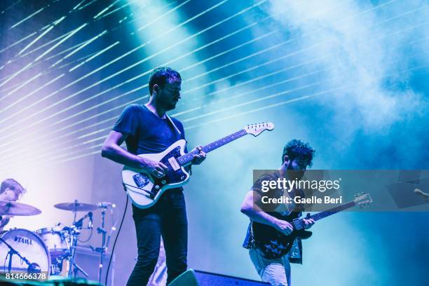 Jimmy Smith, Yannis Philippakis and Jack Bevan of Foals perform live on Day 2 of FIB Festival on July 14, 2017 in Benicassim, Spain.