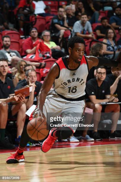 Jordan Loyd of the Toronto Raptors handles the ball against the Cleveland Cavaliers on July 14, 2017 at the Thomas & Mack Center in Las Vegas,...