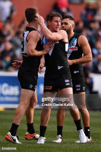 Matthew White of the Power celebrates with Robbie Gray of the Power after kicking a goal during the round 17 AFL match between the Port Adelaide...