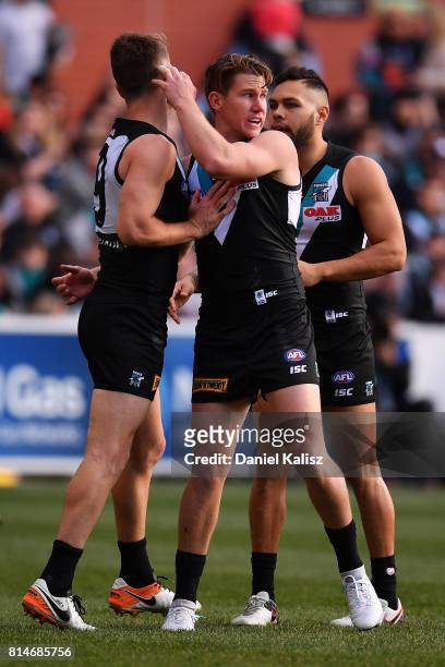 Matthew White of the Power celebrates with Robbie Gray of the Power after kicking a goal during the round 17 AFL match between the Port Adelaide...