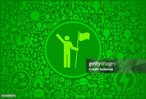 strichmännchen hält flagge umgebung grüne symbol vektormuster - activist icon stock-grafiken, -clipart, -cartoons und -symbole