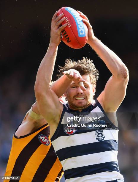 Patrick Dangerfield of the Cats marks infront of Kaiden Brand of the Hawks during the round 17 AFL match between the Geelong Cats and the Hawthorn...