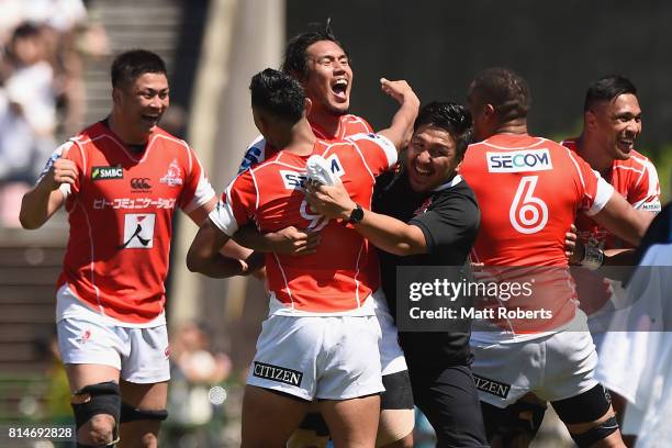Ryohei Yamanaka of the Sunwolves celebrates victory with team mates after the Super Rugby match between the Sunwolves and the Blues at Prince...