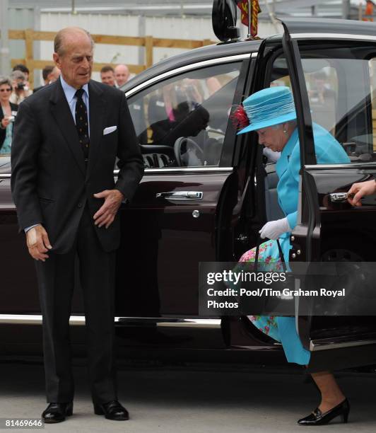 Queen Elizabeth II and Prince Philip, Duke of Edinburgh arrive for a visit to the Cumberland Pencil Company on June 5, 2008 in Cumbria, England.