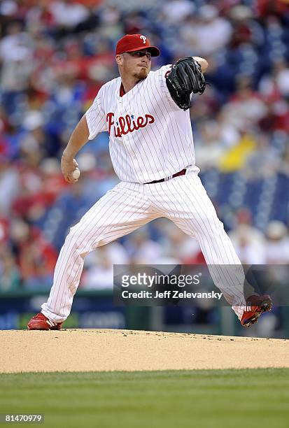 Brett Myers of the Philadelphia Phillies pitches in a game against the Cincinnati Reds on June 4, 2008 at Citizens Bank Park in Philadelphia,...