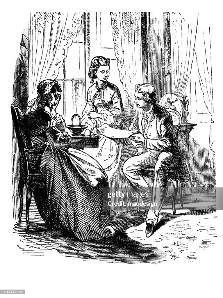 Desperate woman sitting at the table hides her face in her hands. A man keeping a document passes bad news to the family - illustration 1867