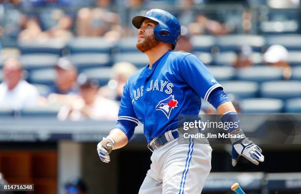 Russell Martin of the Toronto Blue Jays in action against the New York Yankees at Yankee Stadium on July 5, 2017 in the Bronx borough of New York...
