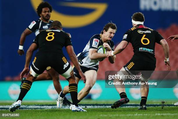 James Dargaville of the Brumbies runs the ball during the round 17 Super Rugby match between the Chiefs and the Brumbies at Waikato Stadium on July...