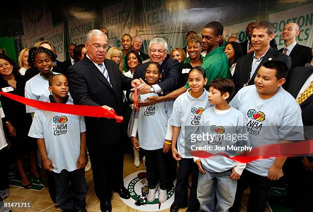 Boston Mayor Thomas Menino, NBA Commissioner David Stern, and Rajon Rondo of the Boston Celtics cut the ribbon during an NBA Cares Reading & Learning...