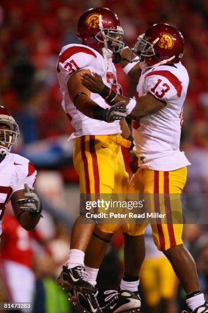 College Football: USC Stanley Havili victorious with Stafon Johnson after scoring touchdown vs Nebraska, Lincoln, NE 9/15/2007