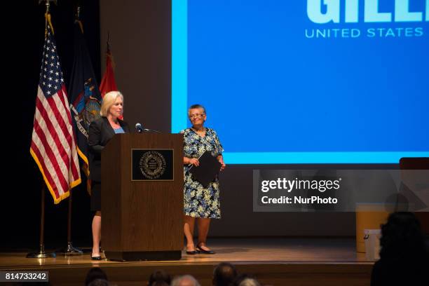 New York Senator Kristen Gillibrand Holds Town Hall in Syracuse, NY on July 14, 2017 taking questions from the public on health care, the military...