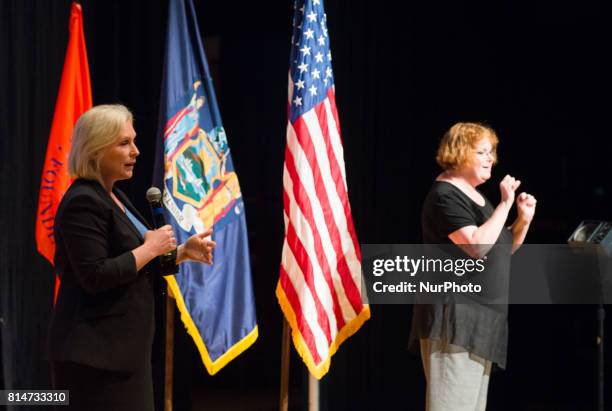 New York Senator Kristen Gillibrand Holds Town Hall in Syracuse, NY on July 14, 2017 taking questions from the public on health care, the military...