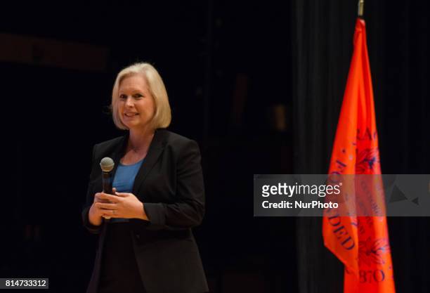 New York Senator Kristen Gillibrand Holds Town Hall in Syracuse, NY on July 14, 2017 taking questions from the public on health care, the military...