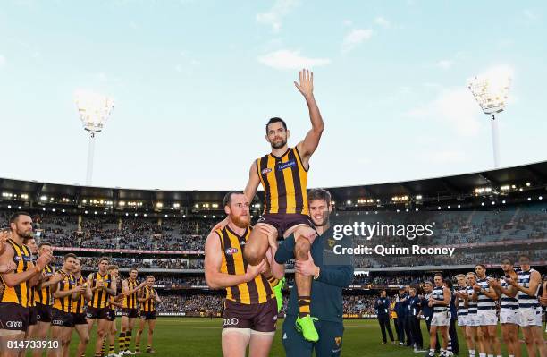 Luke Hodge of the Hawks is carried off in his 300th game during the round 17 AFL match between the Geelong Cats and the Hawthorn Hawks at Melbourne...