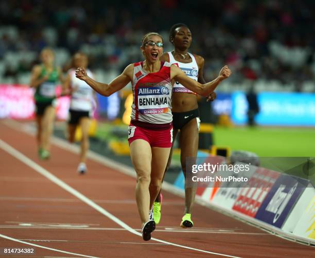 Sanaa Benhama celebrates after Women's 1500m T13 Final during IPC World Para Athletics Championships at London Stadium in London on July 14, 2017