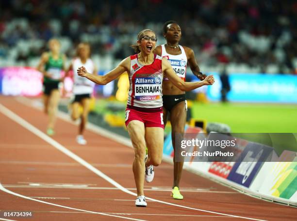 Sanaa Benhama celebrates after Women's 1500m T13 Final during IPC World Para Athletics Championships at London Stadium in London on July 14, 2017