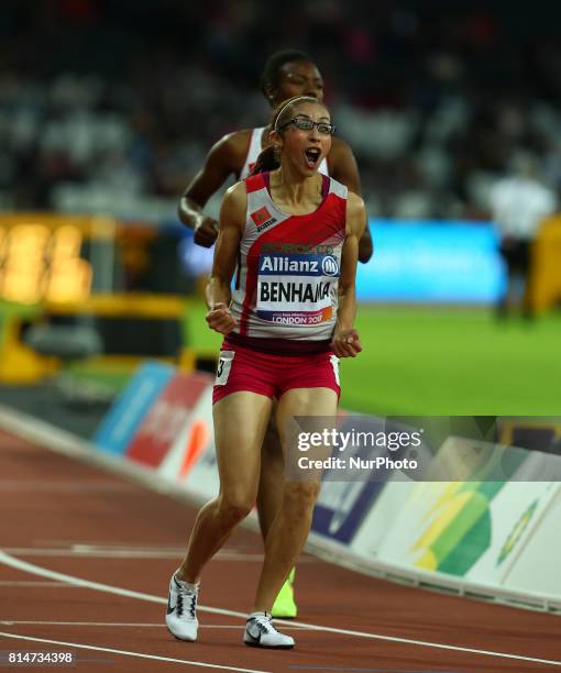 Sanaa Benhama celebrates after Women's 1500m T13 Final during IPC World Para Athletics Championships at London Stadium in London on July 14, 2017