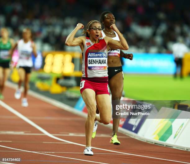 Sanaa Benhama celebrates after Women's 1500m T13 Final during IPC World Para Athletics Championships at London Stadium in London on July 14, 2017