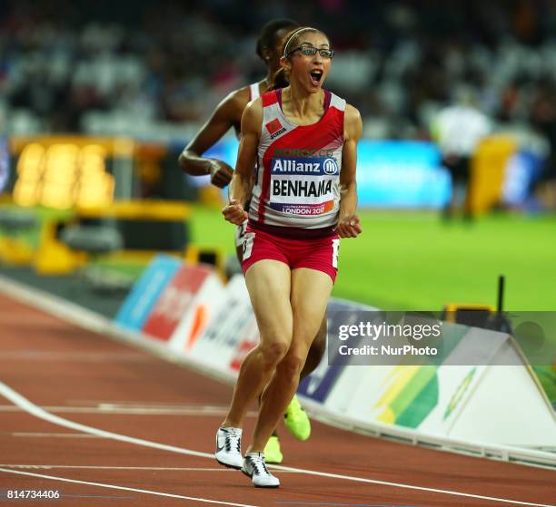 Sanaa Benhama celebrates after Women's 1500m T13 Final during IPC World Para Athletics Championships at London Stadium in London on July 14, 2017