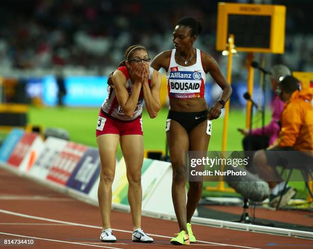 Sanaa Benhama celebrates after Women's 1500m T13 Final during IPC World Para Athletics Championships at London Stadium in London on July 14, 2017