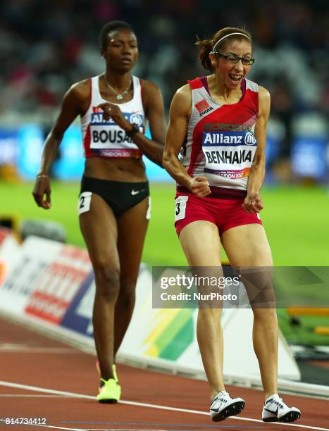 Sanaa Benhama celebrates after Women's 1500m T13 Final during IPC World Para Athletics Championships at London Stadium in London on July 14, 2017