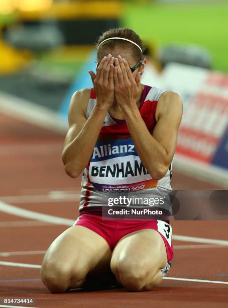 Sanaa Benhama celebrates after Women's 1500m T13 Final during IPC World Para Athletics Championships at London Stadium in London on July 14, 2017