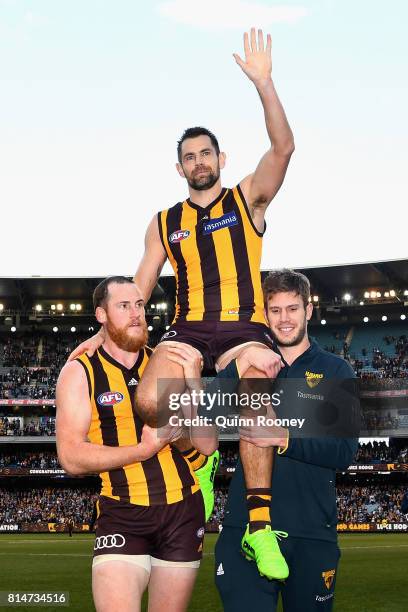 Luke Hodge of the Hawks is carried off in his 300th game during the round 17 AFL match between the Geelong Cats and the Hawthorn Hawks at Melbourne...