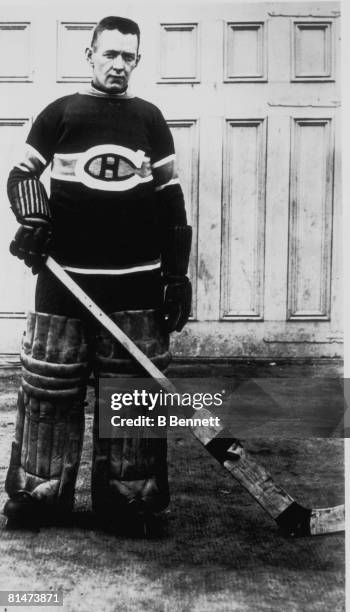 Publicity portrait of ice hockey player Georges Vezina, goalkeeper for the Montreal Canadiens, late 1910s or 1920s.