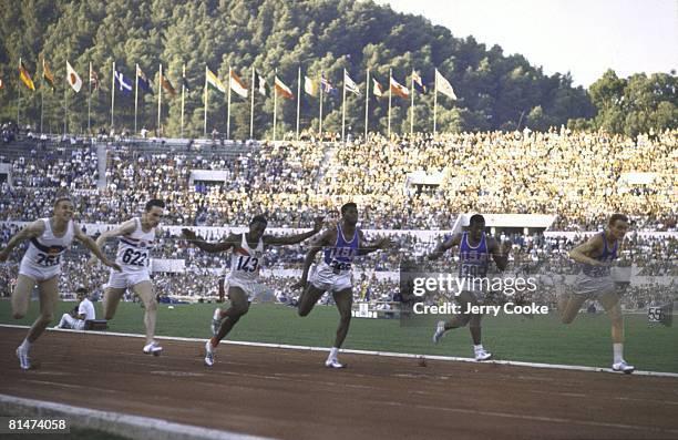 Track & Field: 1960 Summer Olympics, DEU Armin Hary in action, winning 100M finals race vs USA David Sime and GBR Peter Radford , Rome, ITA...