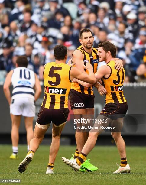 Luke Hodge of the Hawks is congratulated by team mates after kicking a goal during the round 17 AFL match between the Geelong Cats and the Hawthorn...