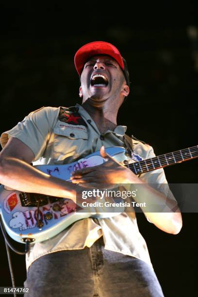 Tom Morello of the band Rage Against The Machine performs live on day 3 of the 39th Pinkpop Festival on June 1, 2008 in Landgraaf, Netherlands.