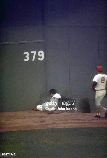 Baseball: World Series, Boston Red Sox Fred Lynn sustaining injury after crashing against wall during Game 6 vs Cincinnati Reds, No catch, Boston, MA