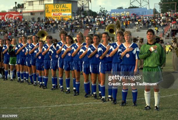 Soccer: Team USA during national anthem before game vs HTI, Port-au-Prince, HTI 4/28/1991