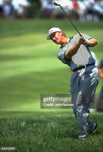 Golf: US Open, Ernie Els in action from rough during three way playoff on Monday at Oakmont CC, Oakmont, PA 6/20/1994