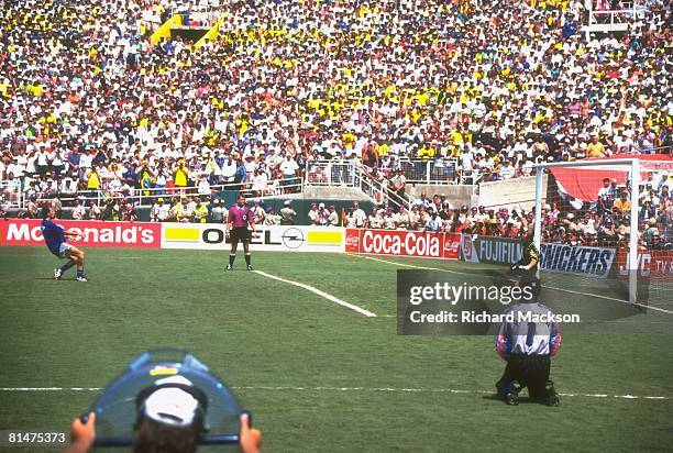 Soccer: World Cup final, ITA Franco Baresi in action, missing penalty kick vs BRA goalie Claudio Taffarel , Pasadena, CA 7/17/1994