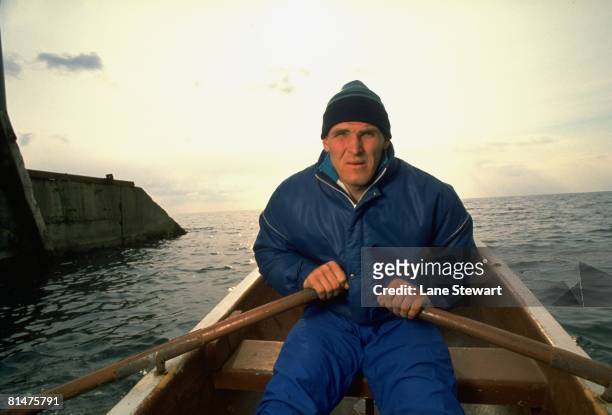 Greco-Roman Wrestling: Casual portrait of USSR Alexander Karelin rowing boat on Black Sea, Alushta, Soviet Union 3/1/1991