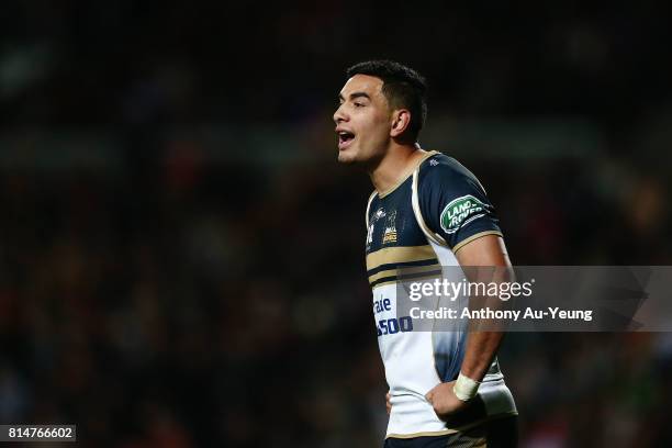 Wharenui Hawera of the Brumbies reacts during the round 17 Super Rugby match between the Chiefs and the Brumbies at Waikato Stadium on July 15, 2017...