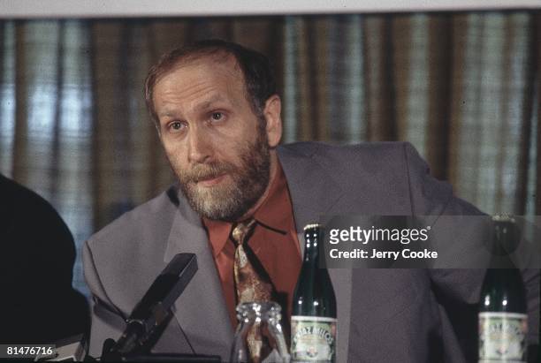 Chess: World Championship, Closeup of Bobby Fischer during media press conference, Sveti Stefan, SCG 9/2/1992