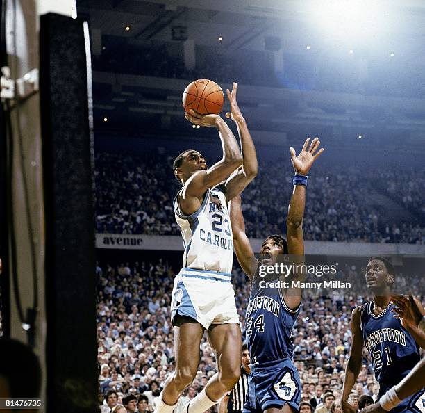 College Basketball: NCAA Final Four, North Carolina Michael Jordan in action, taking shot vs Georgetown, New Orleans, LA 3/29/1982