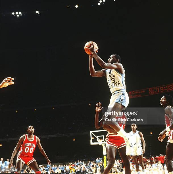 College Basketball: NCAA playoffs, North Carolina Michael Jordan in action, taking shot vs Houston, New Orleans, LA 3/27/1982