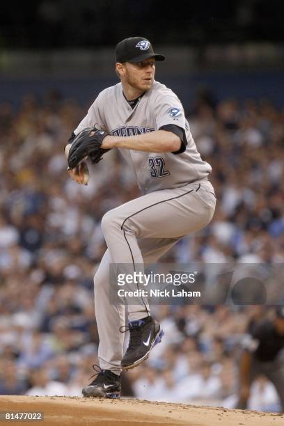 Roy Halladay of the Toronto Blue Jays delivers a pitch during the game against the New York Yankees on June 3, 2008 at Yankee Stadium in the Bronx...