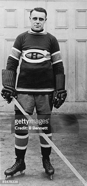 Publicity portrait of ice hockey player Joe Malone of the Montreal Canadiens, late 1910s or 1920s.