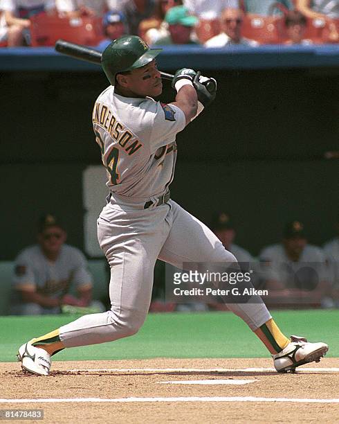 Oakland A's Rickey Henderson during game action against the Kansas City Royals at Kauffman Stadium in Kansas City, Missouri in 1994.