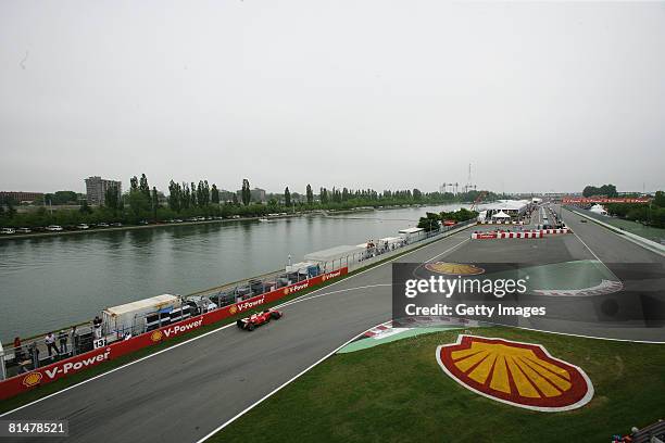 Felipe Massa of Brazil and Ferrari drives during practice for the Canadian Formula One Grand Prix at the Circuit Gilles Villeneuve June 6, 2008 in...