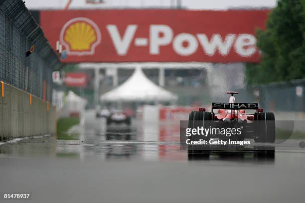 Kimi Raikkonen of Finland and Ferrari drives during practice for the Canadian Formula One Grand Prix at the Circuit Gilles Villeneuve June 6, 2008 in...