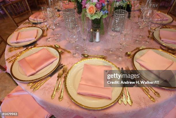 The place settings at the wedding of Ivana Trump and Rossano Rubicondi at the Mar-a-Lago Club on April 12, 2008 in Palm Beach, Florida. Cake:...
