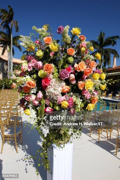 Flower arrangements at the wedding of Ivana Trump and Rossano Rubicondi at the Mar-a-Lago Club on April 12, 2008 in Palm Beach, Florida. Cake:...