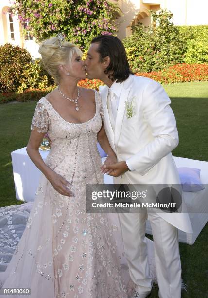 Ivana Trump and Rossano Rubicondi after their wedding at the Mar-a-Lago Club on April 12, 2008 in Palm Beach, Florida. Ivana Trumps jewelry is by...